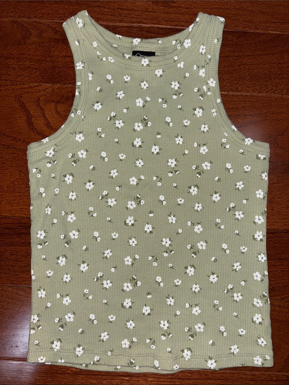art class Olive Green Ribbed Tank Top with White Floral Print